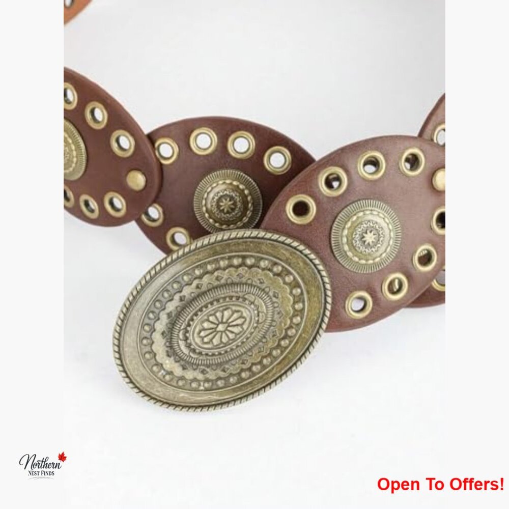 Wide Disc Belt with Vintage Concho Buckle in PU Leather - Picture 2 of 6